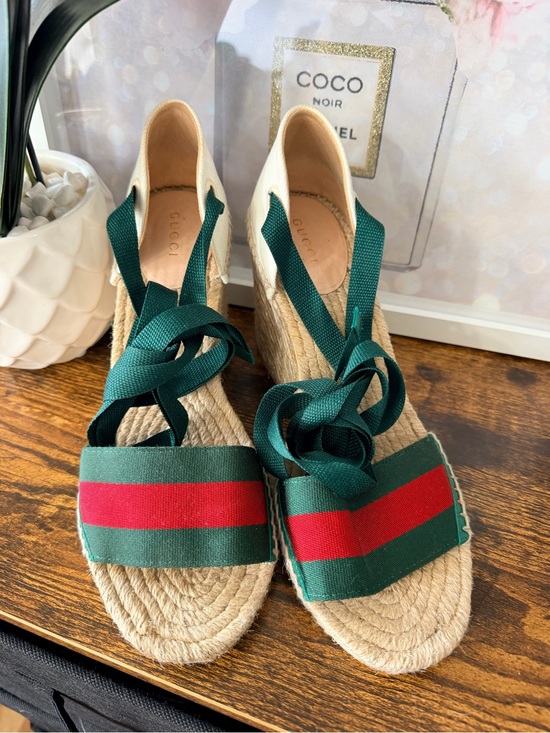 Gucci Shoes - Gucci Green and Red Canvas Espadrille Wedges with Green Ankle Ties